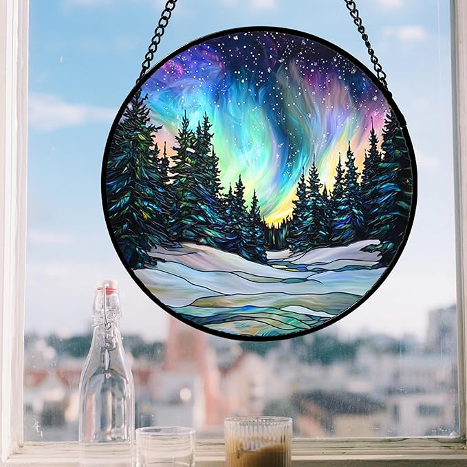 Stained Glass Window Hanging, Aurora Landscape Sun Catchers Glass Panel Green - Image 2