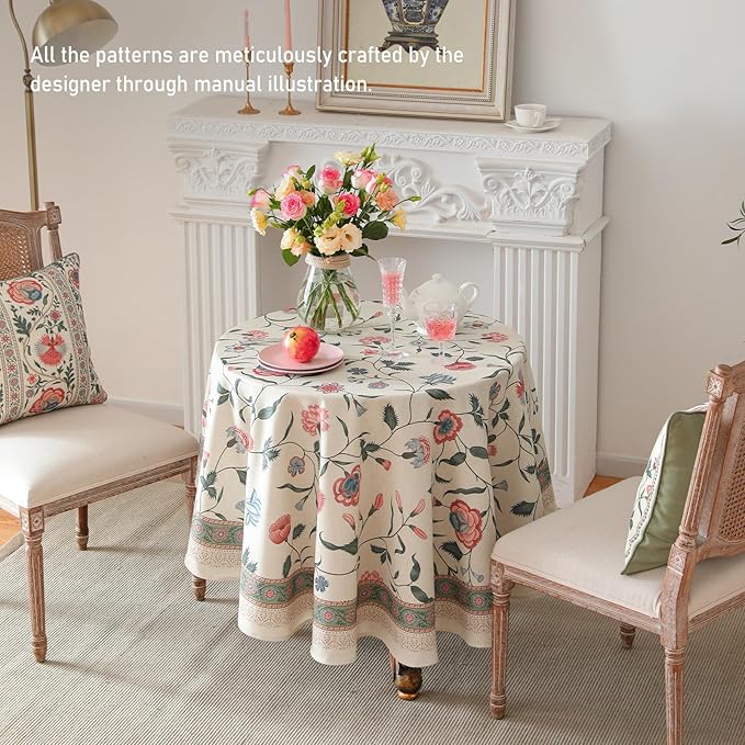 ISAENNE Designer Chinoiserie Linen Floral Round Tablecloth, Elegant Decor - Image 5