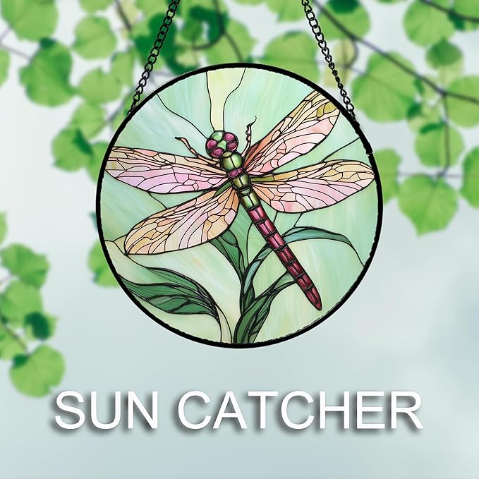 Stained Glass Window Hanging 4 Pcs Set Pink Green Insect Theme Large 11.8" - Image 5