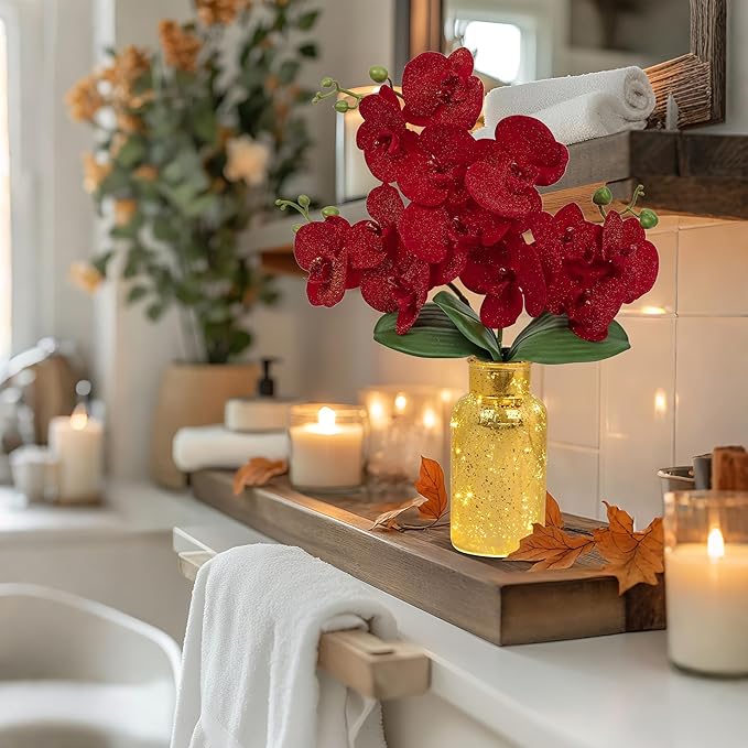 Red Orchids Artificial Flowers Faux Orchid Arrangement - Image 4