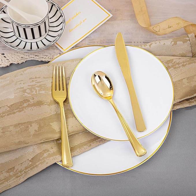Supernal 350pcs White and Gold Plastic Plates, 150 Gold Silverware Set - Image 8