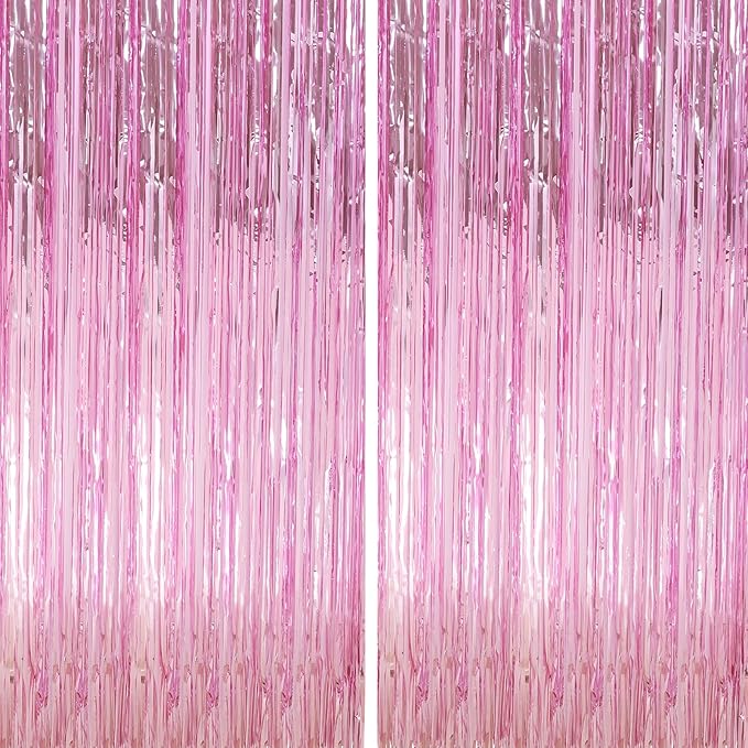 Crosize 2 Pack 3.3 x 9.9 ft Pink Foil Fringe Backdrop Curtain, Streamer by Crosize