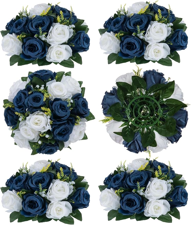 BLOSMON Flower Balls Table Centerpieces: 6 Pcs Fake Flowers Navy Blue White by Blosmon
