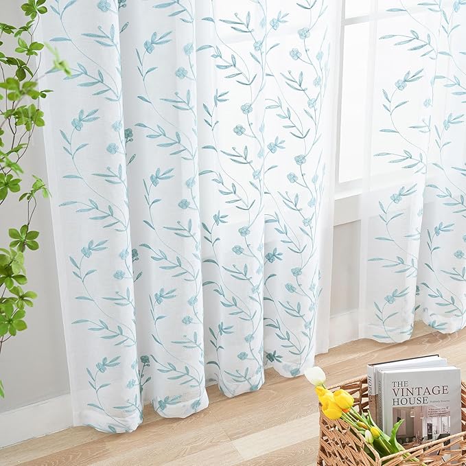 Sheer Curtains Floral Embroidery White-Blue 84 Inch Long Rod Pocket Lace Drapes - Image 5