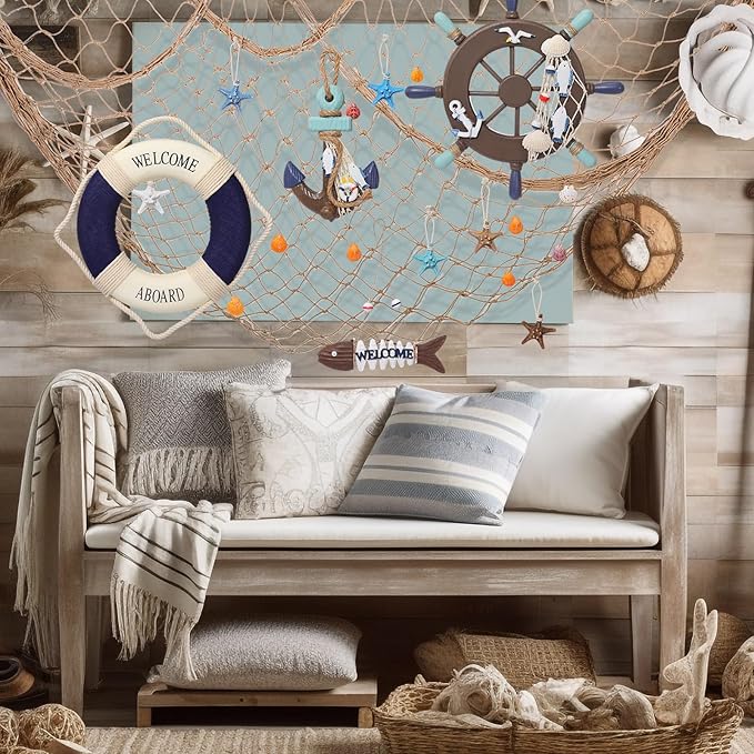 Marsui 11 Pcs Wooden Nautical Wall Decor Fishing Net Decoration, Include - Image 5