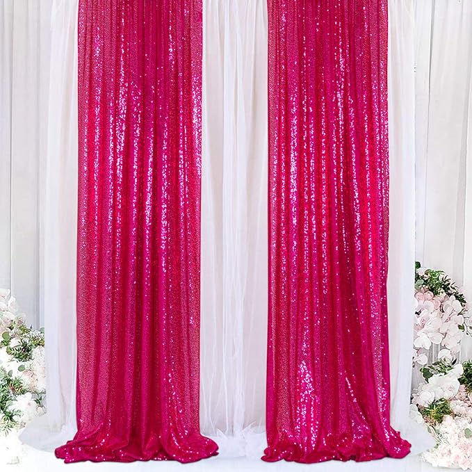 ShinyBeauty Sequin Curtains Panels Hot Pink Sequin Backdrops 4 Pieces Photo - Image 2