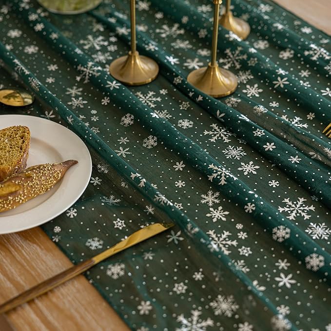 Silvery Snowflake Metallic Print Tulle Christmas Table Runner, Seasonal Winter - Image 6