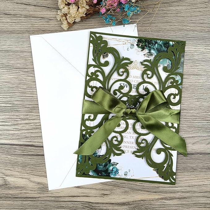 25PCS Olive Green Laser Cut Wedding Invitations Cards - Image 3