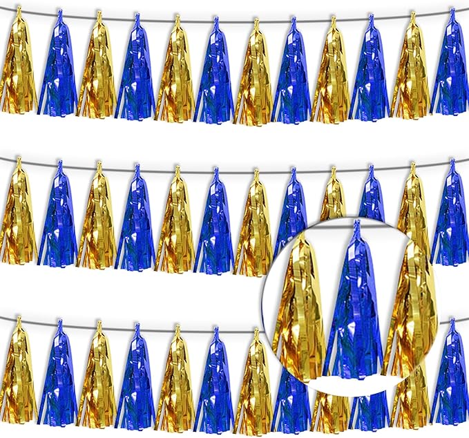 3PNavy-Blue Gold Metallic Fringe Tassel Banner Garland Foil Tinsel Streamer by Xuuf