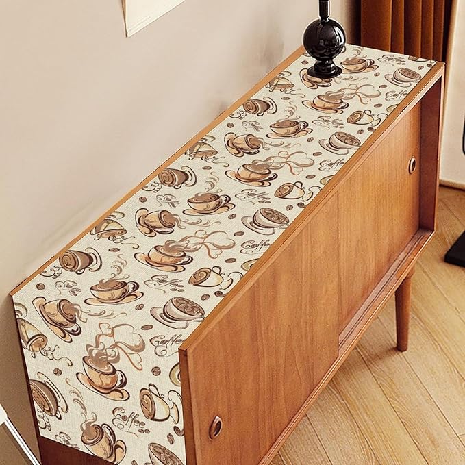 Coffee Time Table Runner, Farmhouse Retro Coffee Cup Tea Party Cafe Table - Image 2