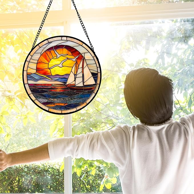 Stained Glass Window Hanging, Sun Ocean Sailboat Seagull Abstract Suncatcher - Image 3