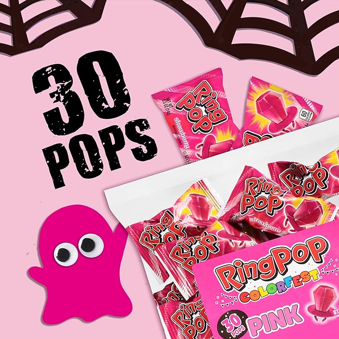 Ring Pop Individually Wrapped Pink Halloween Candy, Strawberry 30 Ct Lollipop - Image 2
