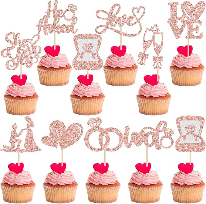 Ephlyn 30Pcs He Asked She Said Yes Cupcake Toppers Glitter Engagement Cupcake by Ephlyn