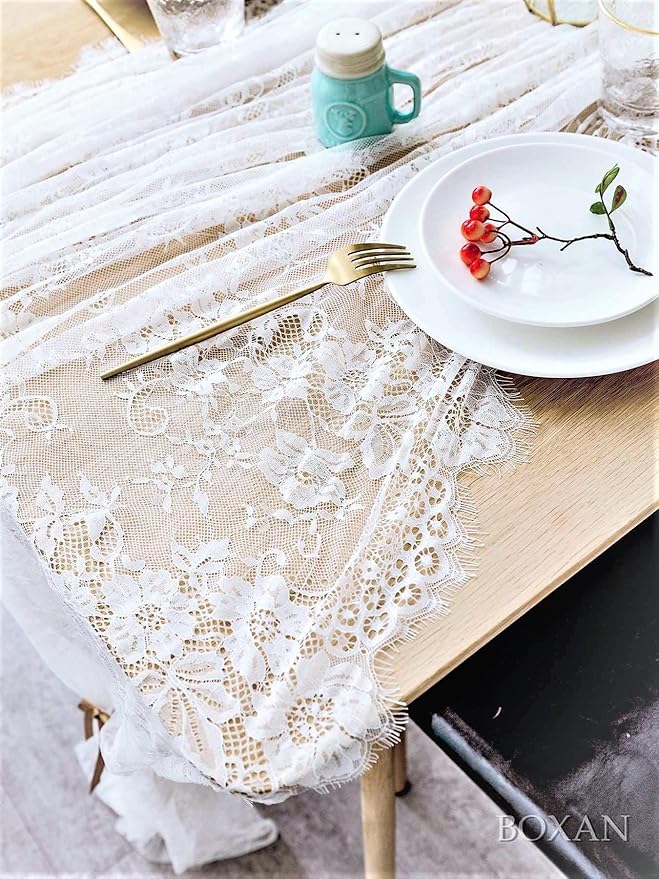 BOXAN 60x120 Inch Gorgeous White Lace Tablecloth Overlay Rose Vintage - Image 2