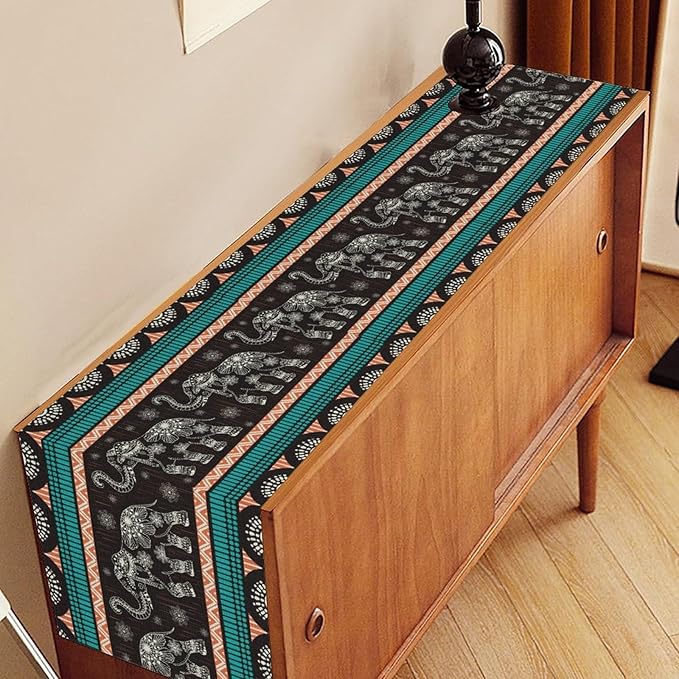 Boho Elephant Table Runner, Vintage Tribal Traditional Bohemian African Animals - Image 2