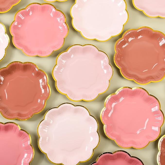 Dusty Pink Gradient Color Dessert Paper Plates, 7 inch Gold Foil Scalloped Edge - Image 4