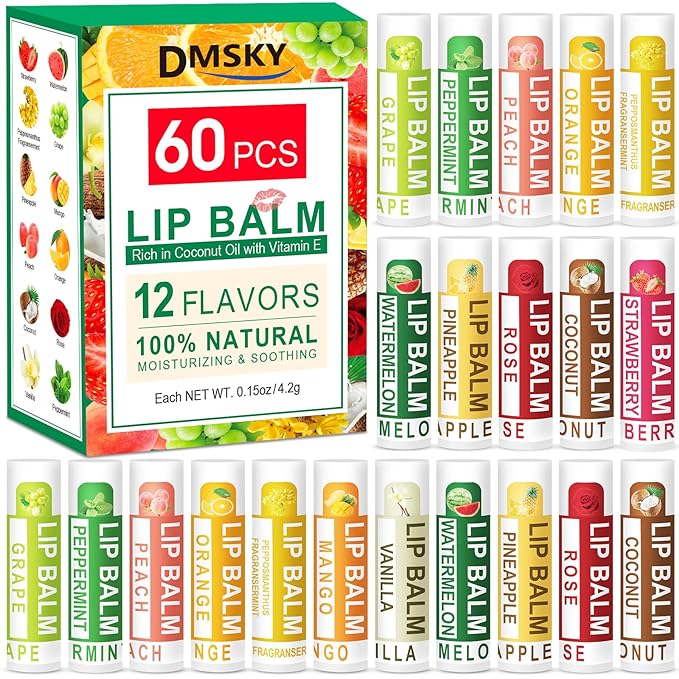 DMSKY Natural Lip Balm Bulk 60 Pack, Moisturizing Lip Balm by DMSKY