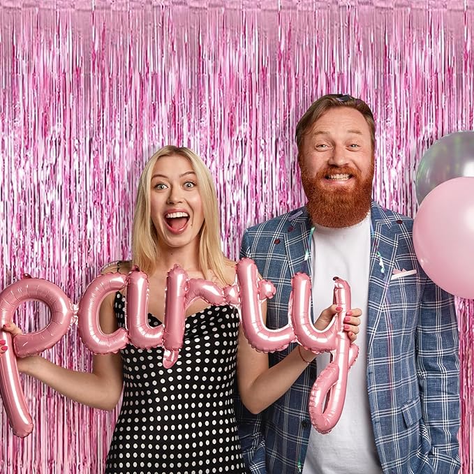 5 Pack Pink Foil Curtain Backdrop 3.2ft x 9.8ft Metallic Tinsel Foil Fringe - Image 7