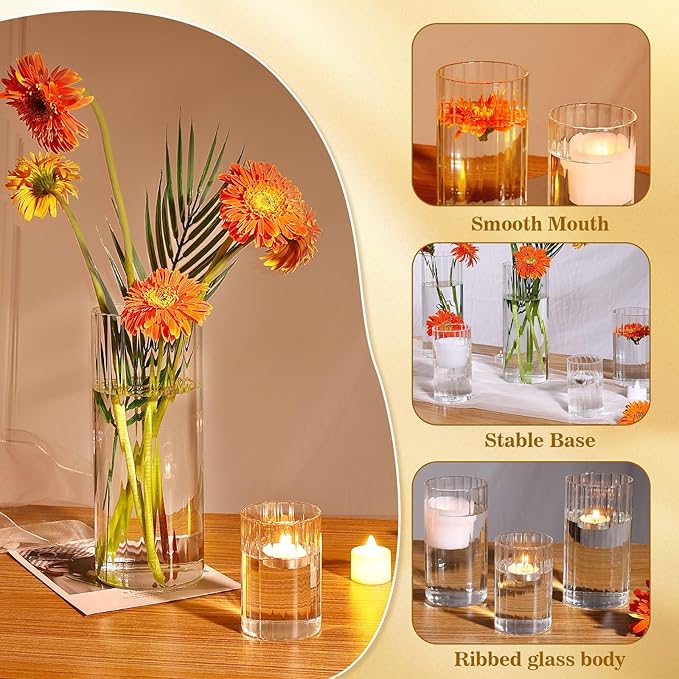 3 Pack Ribbed Glass Cylinder Vases 4, 10 Inch Tall Clear Flower Vase Hurricane - Image 3