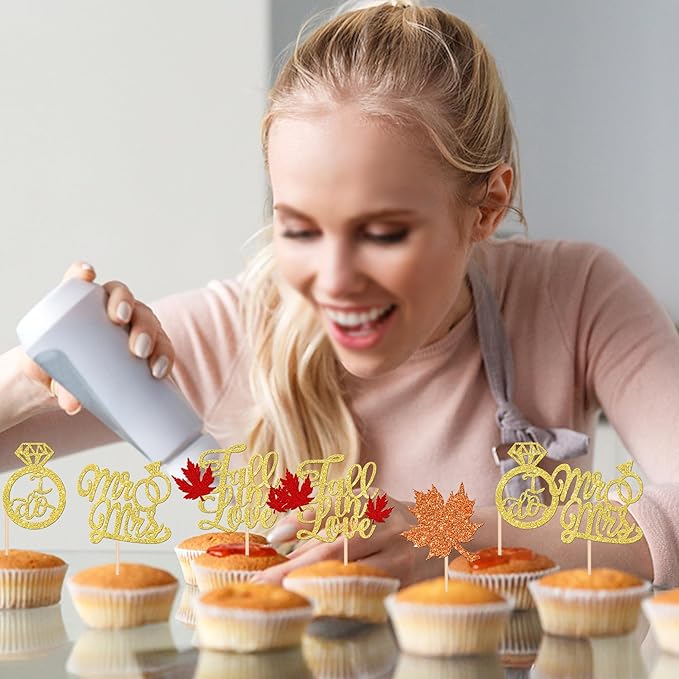 24 PCS Fall in Love Cupcake Toppers Glitter Maple Leaf Cupcake Picks Mr & Mrs - Image 4