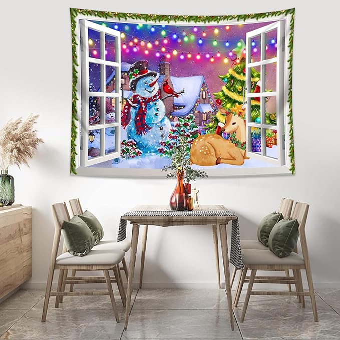 QGHOT Christmas Window Tapestry Wall Hanging, Christmas Backdrop Winter Window - Image 4