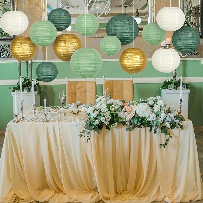ADLKGG Sage Green Gold Paper Lanterns Decorative, Round Hanging Paper Lanterns - Image 4