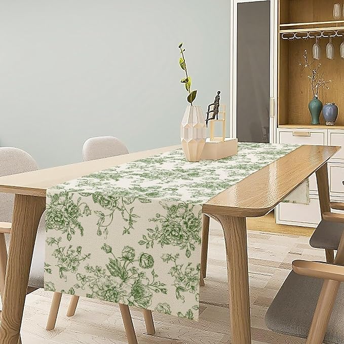 Vintage Flower Table Runner, Wildfloral Green Floral Sketch Pattern Print Table - Image 6