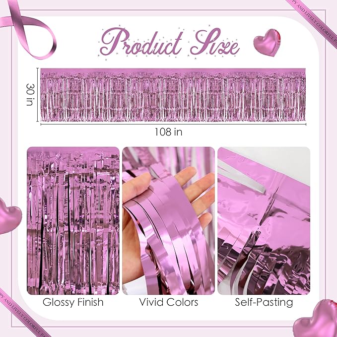 2 Pack Pink Table Skirts, 29x108" Metallic Foil Tinsel Fringe Table Skirts - Image 3