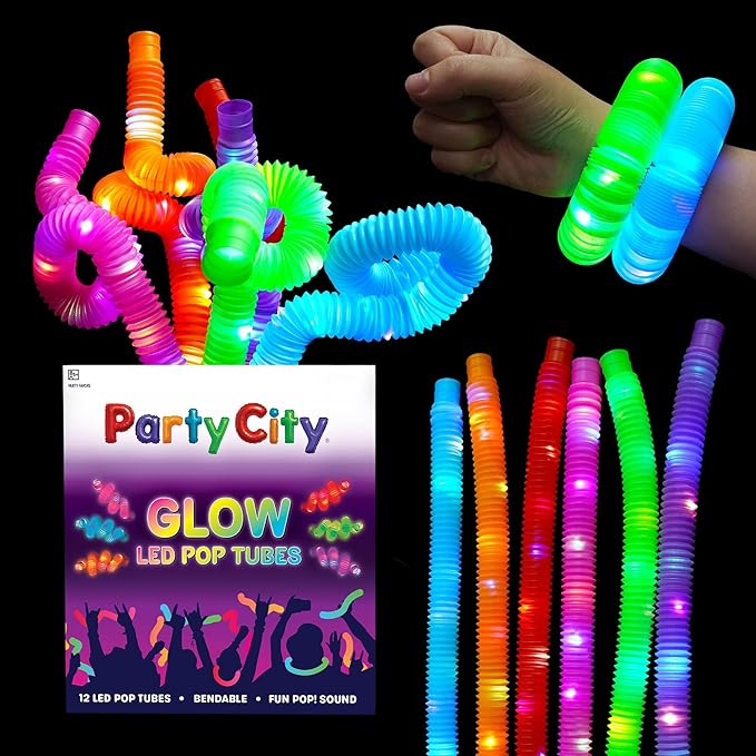 Party City 12pk LED Light Up Pop Tubes 25”- 3 Mode Stretchy Tubes LED Light Up by PartyCity
