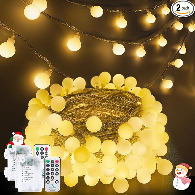 2 Pack Battery Operated String Lights - 52FT 120 LED Globe Fairy Lights by LORRYTE