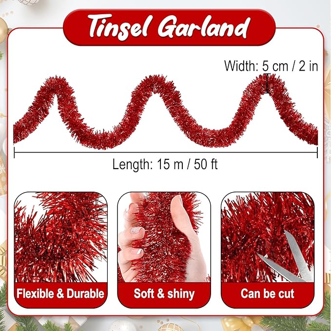 50 Feet Red Christmas Tinsel Garland, Metallic Foil Twist Banner Wall Hanging - Image 2