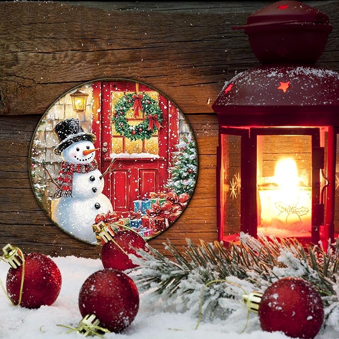 Round Wall Decor Christmas Metal Tin Sign Snowman Sign Rustic Wall Decor Wall - Image 5
