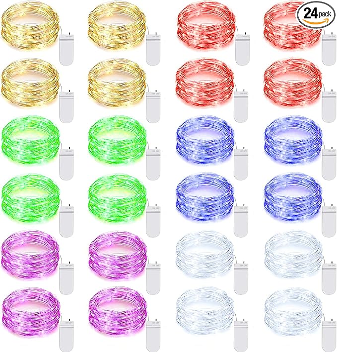 24 Pack LED Fairy Lights Battery Operated 7Ft 20Led Warm White Mini String by Ineximun