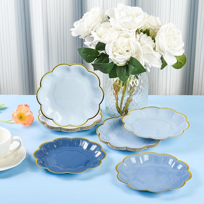 Dusty Blue Party Plates Gradient Blue Dessert Paper Plate 7inch Gold Foil - Image 5