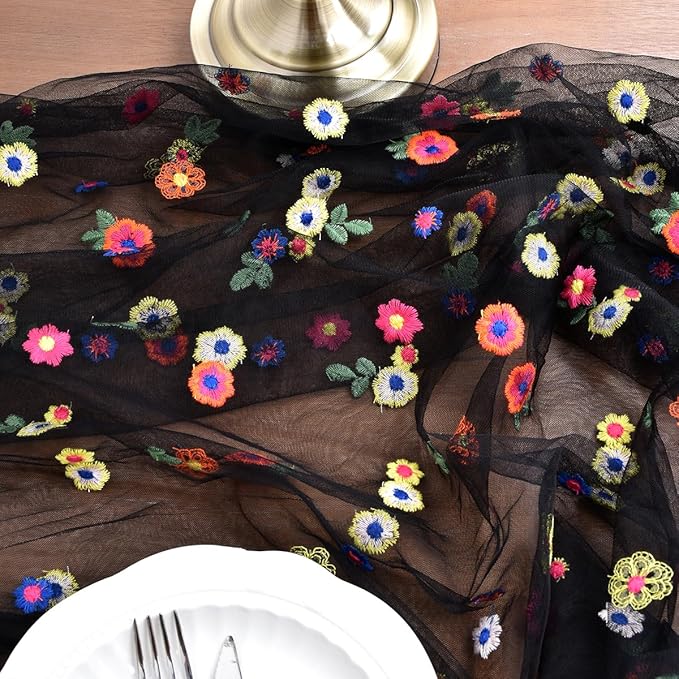 Joanlody Black Embroidery Daisy Fall Thanksgiving Table Runner 10ft Florals - Image 6