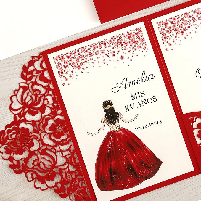 DORIS HOME 50pcs Laser Cut Quinceanera Invitations Red, 4.7x7.1 Personalized - Image 6