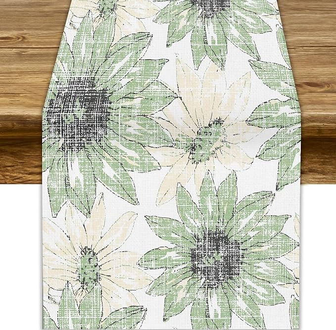 Chrysanthemum Vintage Floral Table Runner, Elegant Yellow Sunflower Spring by ShiTingYu