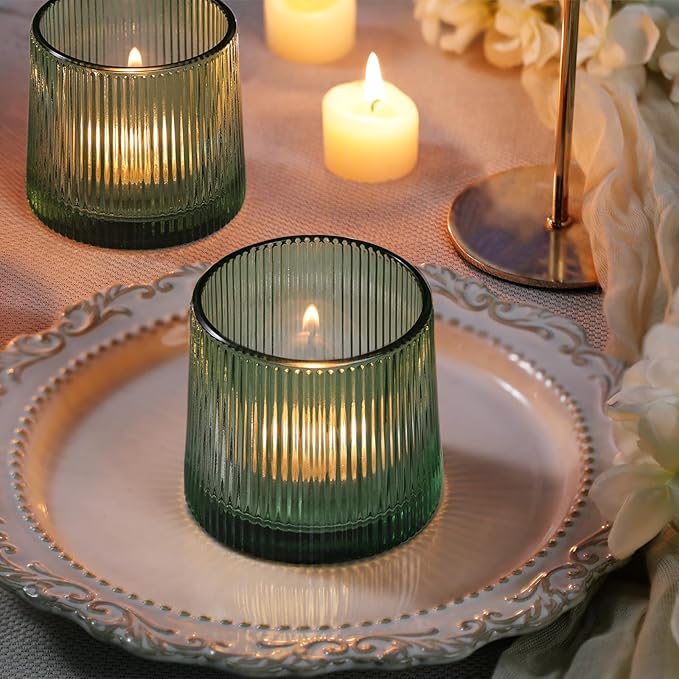 DARJEN Green Ribbed Tealight Votive Candle Holders- 6Pack Glass Candle Holders - Image 4