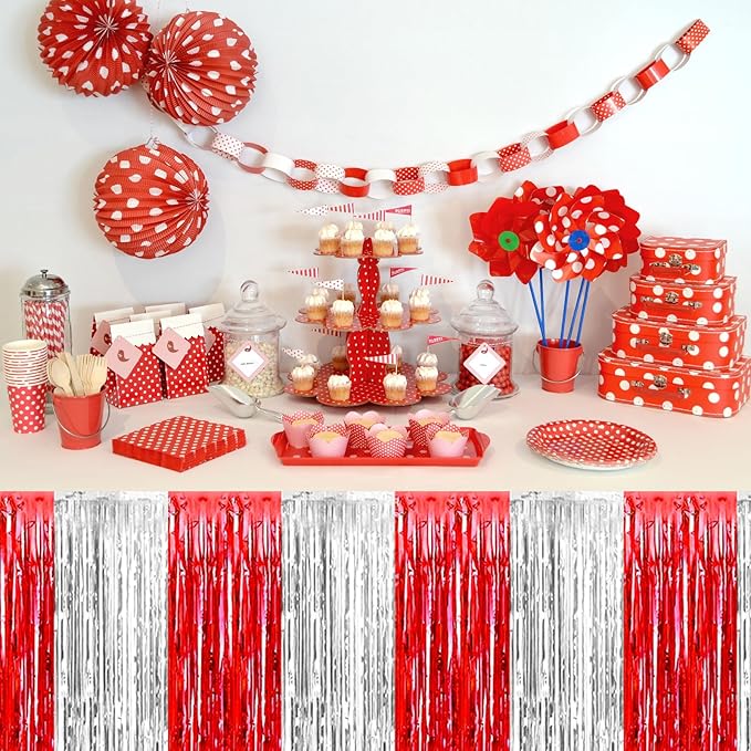 3 Pack 29 x108 Inch Red Silver Foil Fringe Table Skirts Metallic Banner - Image 5