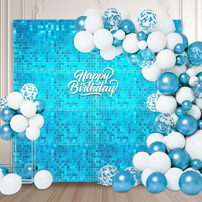 24PCS Lake Blue Shimmer Wall Backdrop, Square Sequin Backdrops Panel, Glitter by ZEBMOON