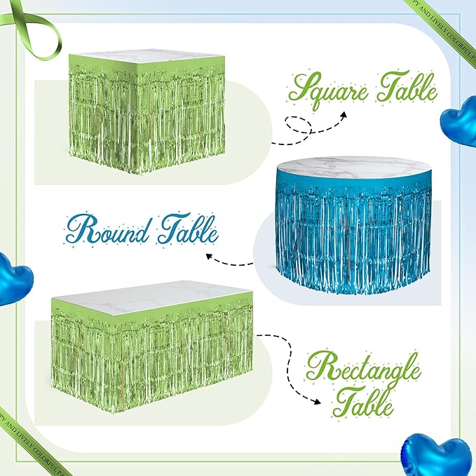 2 Pack Lake Blue Lime Green Table Skirts, 29x108" Metallic Foil Tinsel Fringe - Image 4