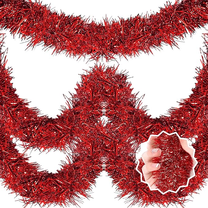 50 Feet Red Christmas Tinsel Garland, Metallic Foil Twist Banner Wall Hanging by LANTIANCHEN