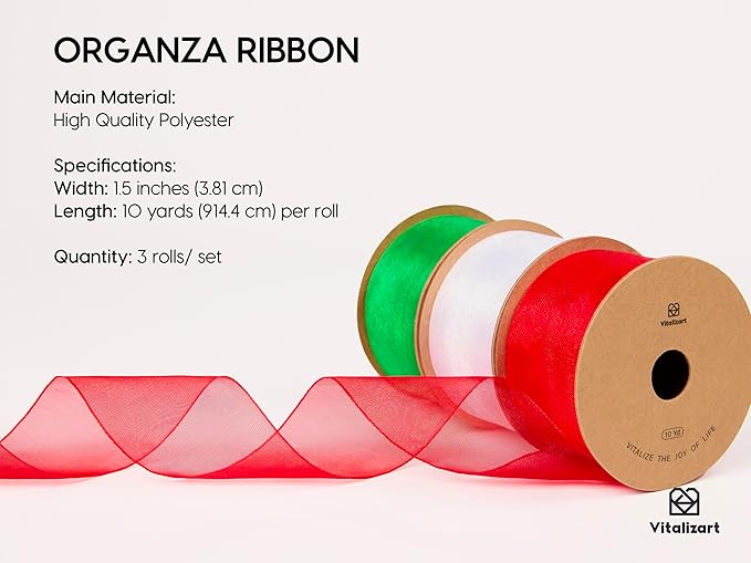 Vitalizart Organza Ribbon 1.5" x 30 Yd Christmas Sheer Ribbons Set 10 Yd x 3 - Image 2
