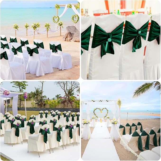 10 PCS Forest Green Satin Chair Sashes Bows Universal Chair Ribbon Ties Back - Image 7