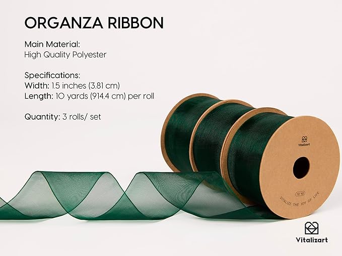 Vitalizart Green Organza Ribbon 1.5" x 30 Yd Sheer Ribbons Dark Green - Image 2
