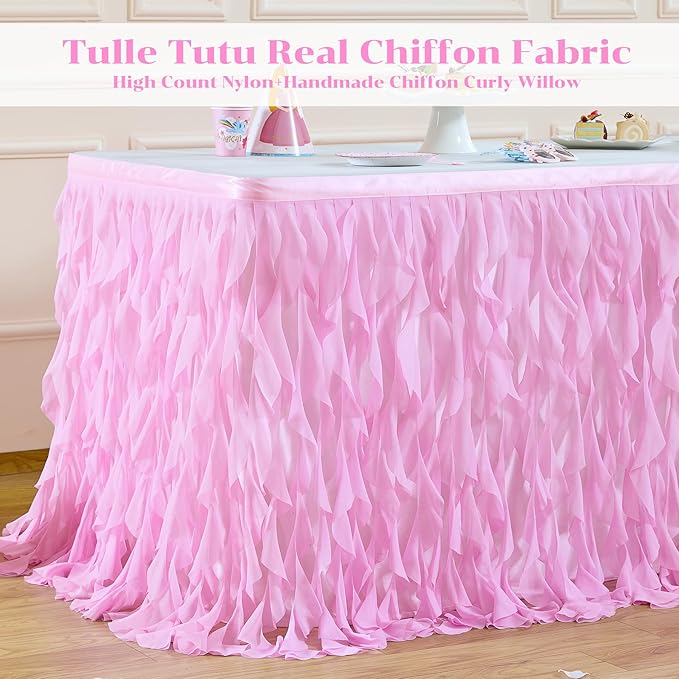 PARTISKY Pink Tulle Curly Willow Table Skirt - Image 4