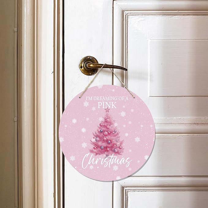CGBHW Pink Christmas Tree Wooden Sign, Winter Holiday Theme Hanging Sign Wall - Image 2