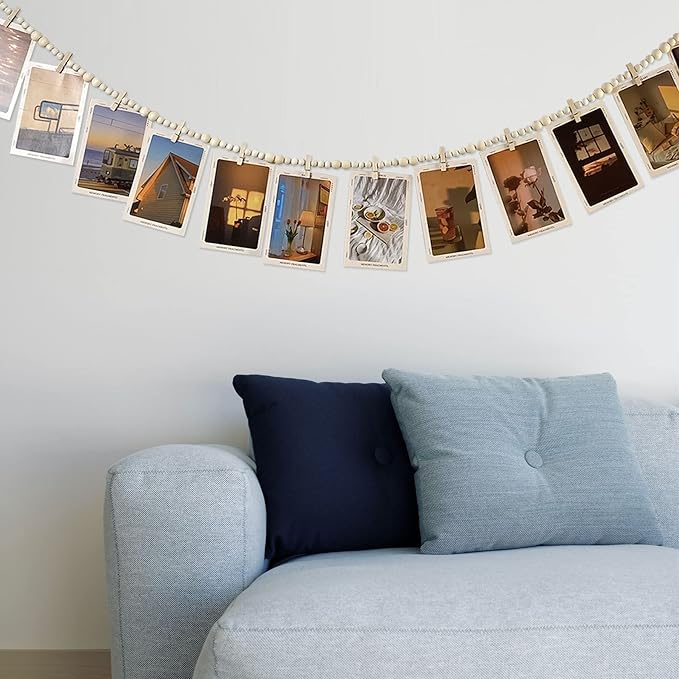 Hanging Photo Display With 12 Clips, Wooden Bead Garland 2PCS, Boho Style - Image 5