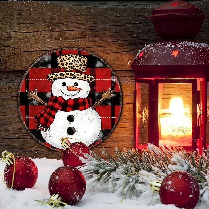 Round Christmas Snowman Tin Sign Vintage Snowman Sign Rustic Wall Decor - Image 5