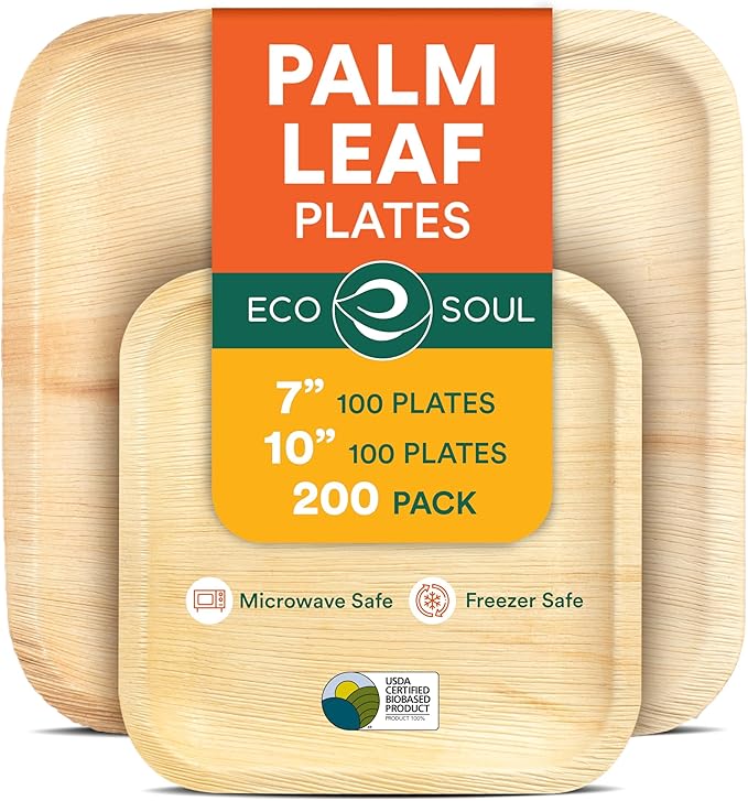 ECO SOUL Compostable 7 & 10 Inch Palm Leaf Square Plates Like Bamboo Plates | by ECOSOUL